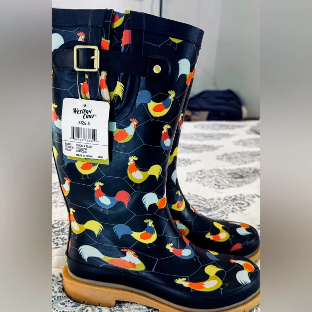 Western Chief Chicken Print Rain Boots Womens 6‎ NWT Rooster Farm